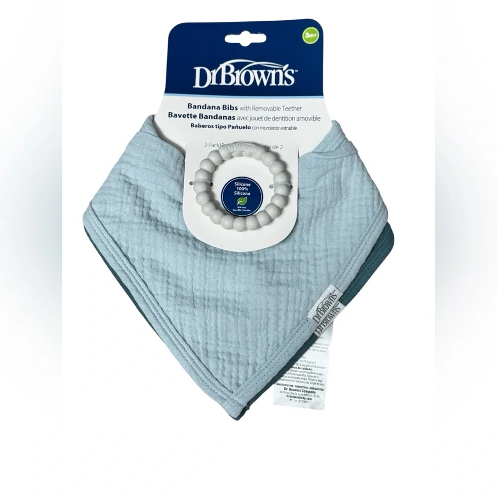 NWT Dr. Brown's 2 pk. Blue Bandana Bibs with Silicone Teether
